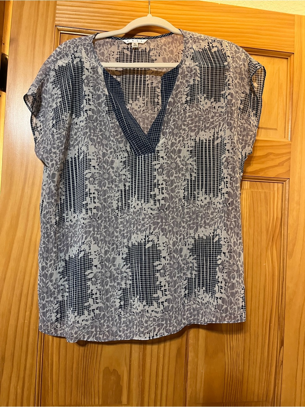 CAbi Navy and Gray V-Neck Floral Grid Blouse